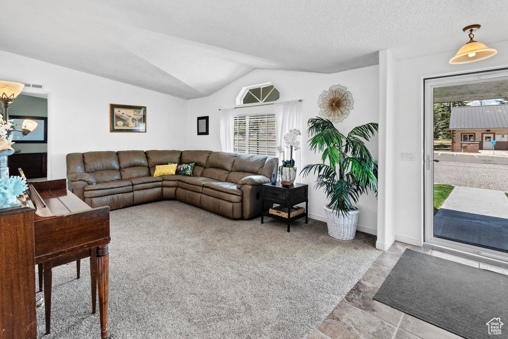 Living room with plenty of natural light, visible vents, and lofted ceiling