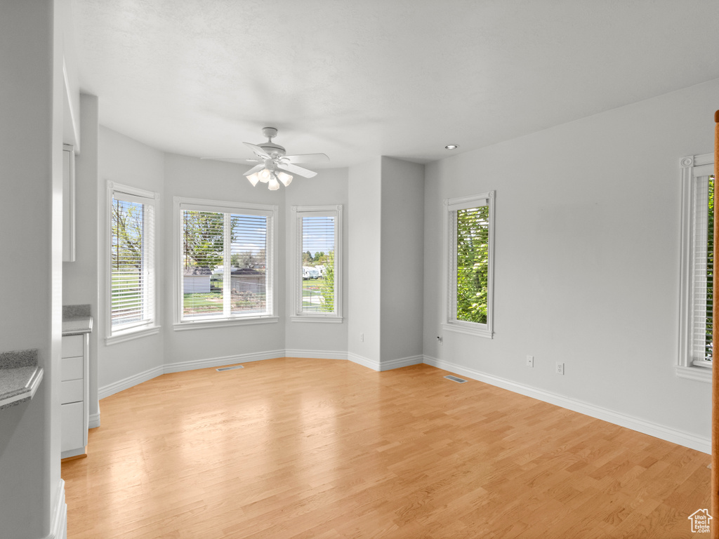 Empty room featuring light wood finished floors, a wealth of natural light, and baseboards