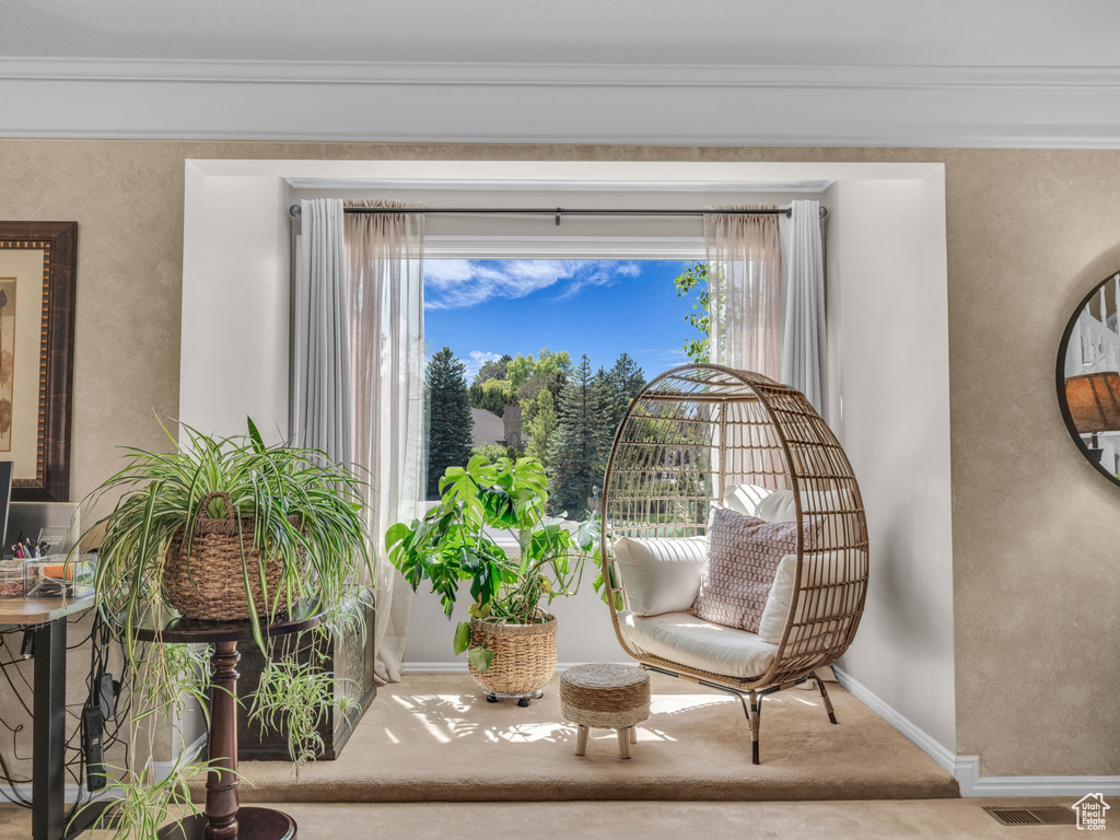 Sitting room featuring plenty of natural light, ornamental molding, and carpet