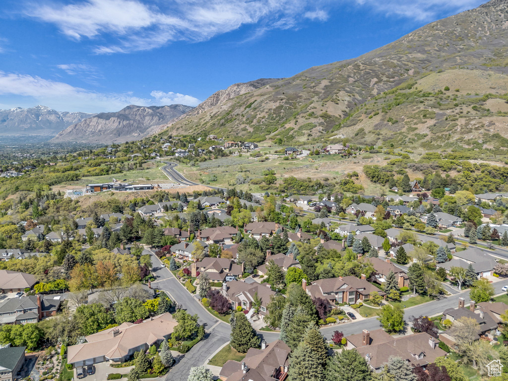 Aerial view featuring a mountain view and a residential view