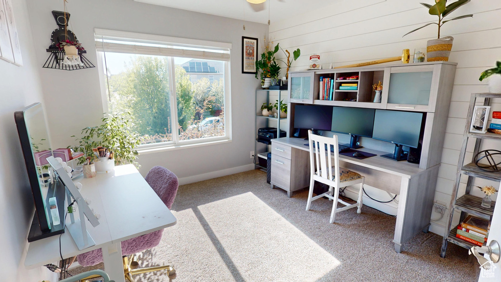 Carpeted office space featuring baseboards and plenty of natural light