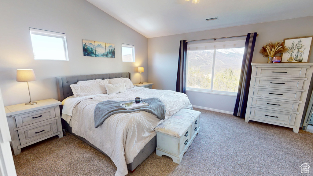 Bedroom featuring visible vents, baseboards, vaulted ceiling, and carpet