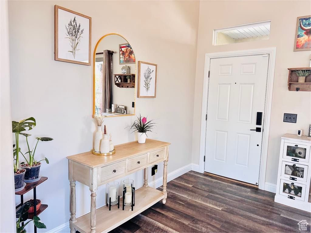 Foyer entrance featuring dark wood-style flooring and baseboards