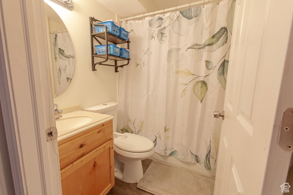 Full bath with toilet, vanity, and wood finished floors