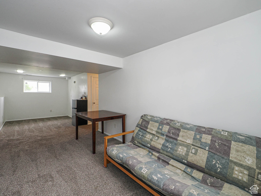 Living area featuring carpet floors and baseboards