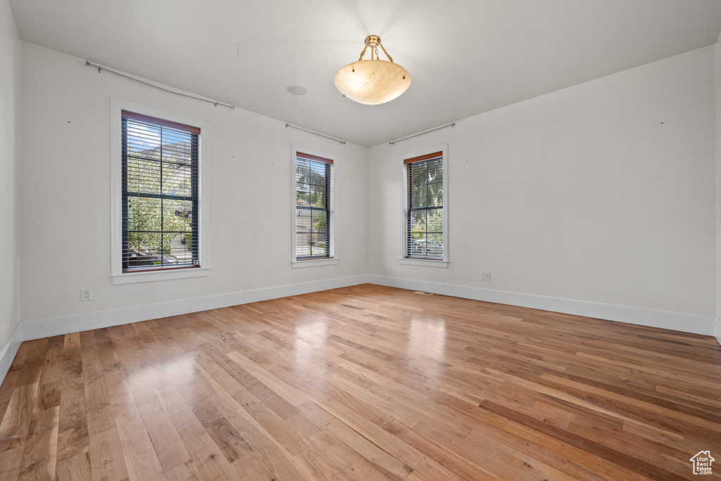 Spare room with light wood finished floors, baseboards, and a healthy amount of sunlight