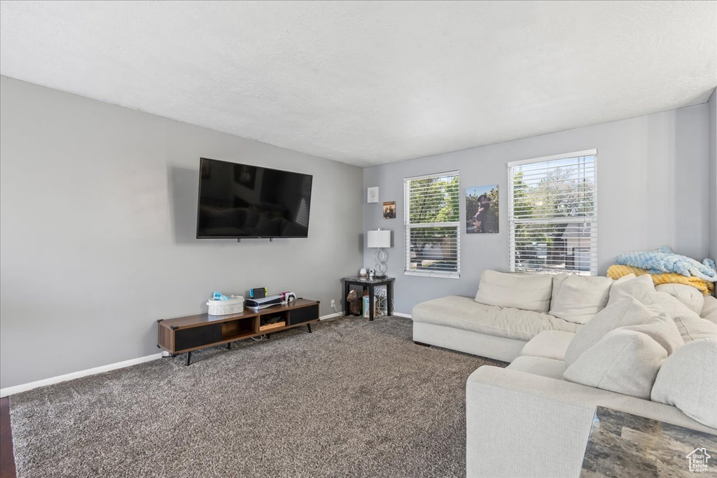 Carpeted living area featuring baseboards