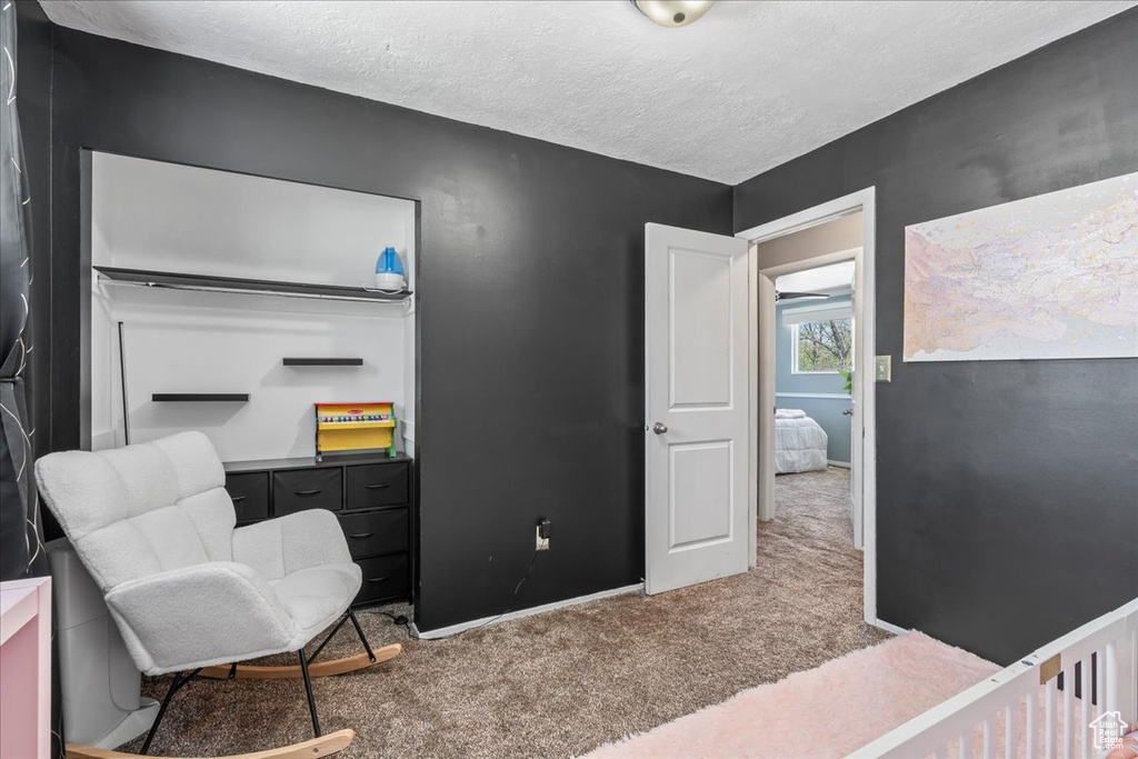 Interior space featuring a textured ceiling, carpet floors, and baseboards
