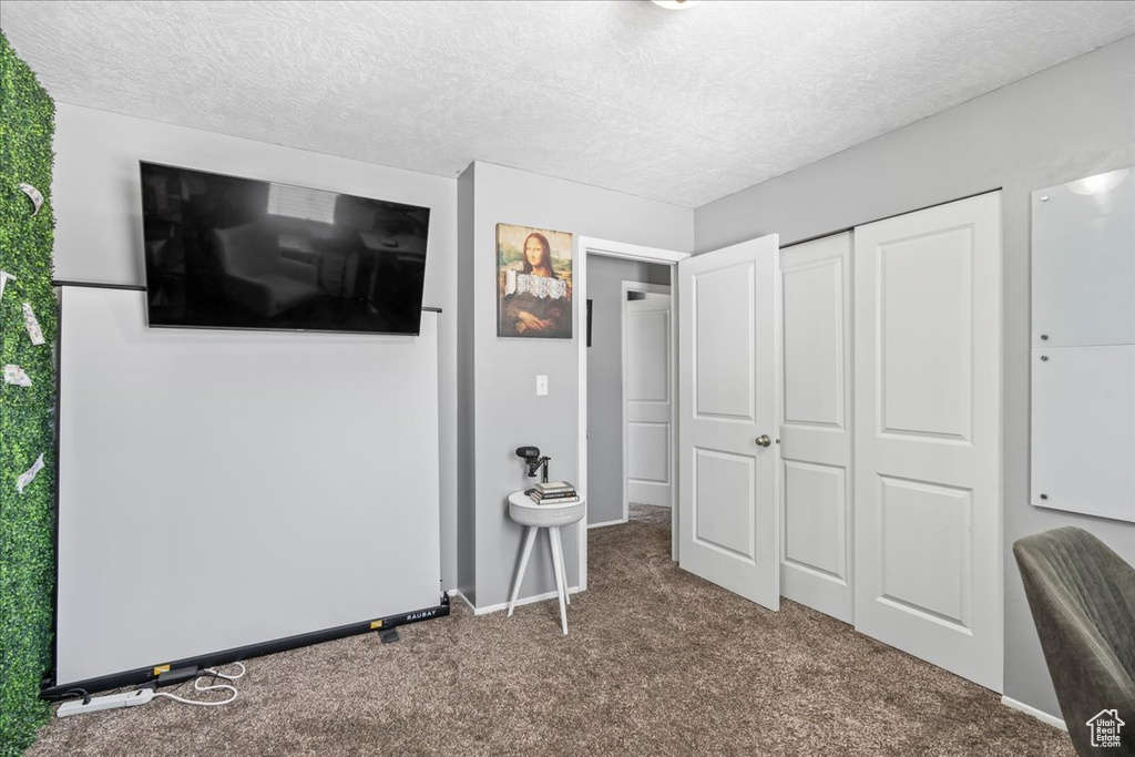 Bedroom with a textured ceiling, carpet floors, baseboards, and a closet