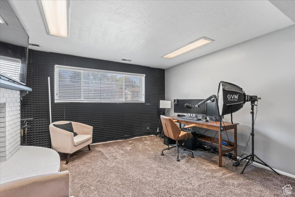 Carpeted office featuring a textured ceiling and visible vents