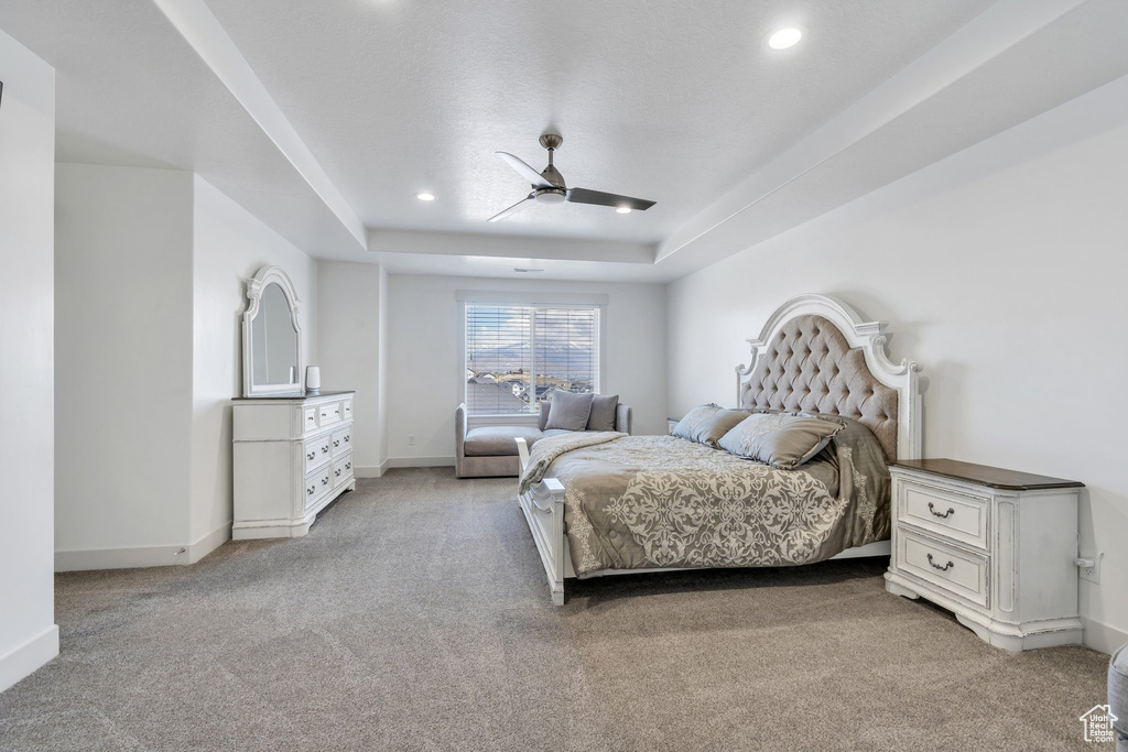 Bedroom with light carpet, baseboards, and a raised ceiling