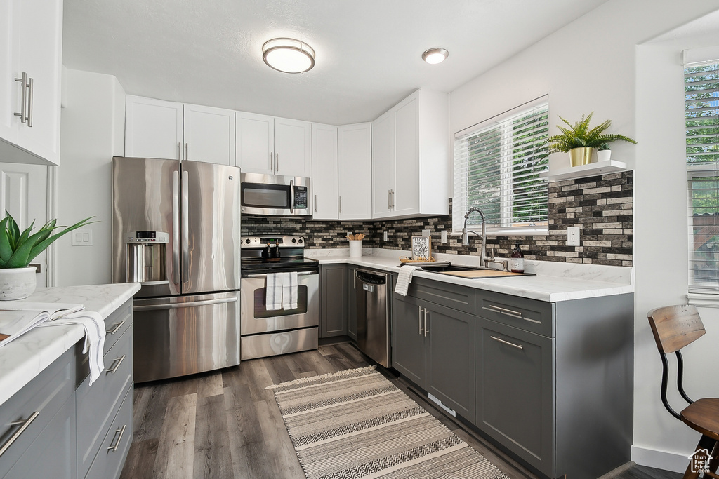 Kitchen with a sink, stainless steel appliances, plenty of natural light, and gray cabinets