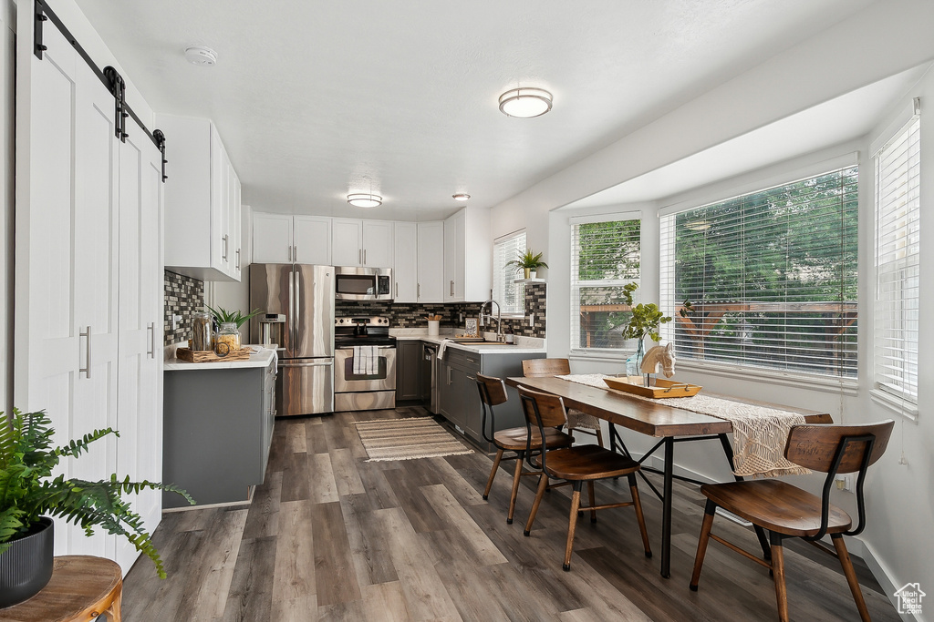 Kitchen featuring light countertops, stainless steel appliances, a barn door, and a sink