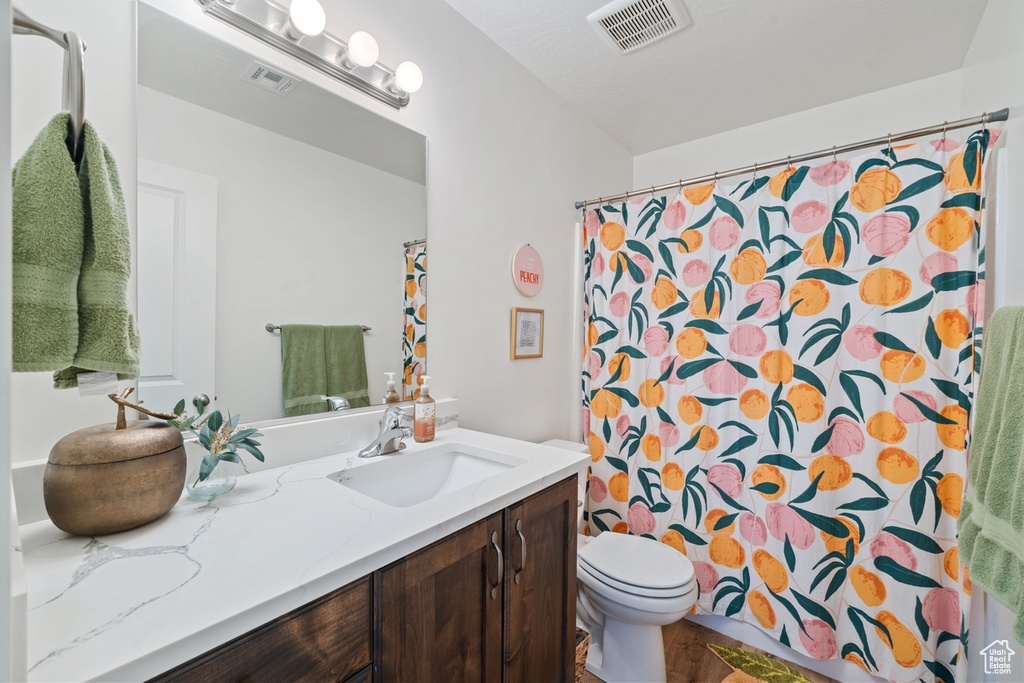 Bathroom with vanity, toilet, a shower with shower curtain, and visible vents
