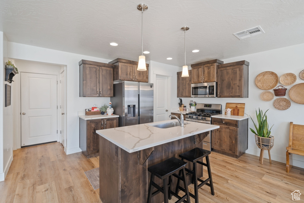 Kitchen featuring light wood finished floors, stainless steel appliances, visible vents, and a sink