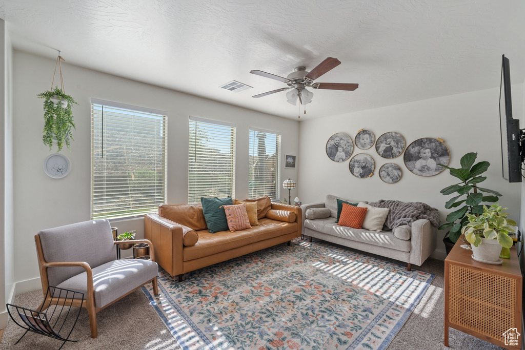 Living room featuring a wealth of natural light, carpet, and visible vents