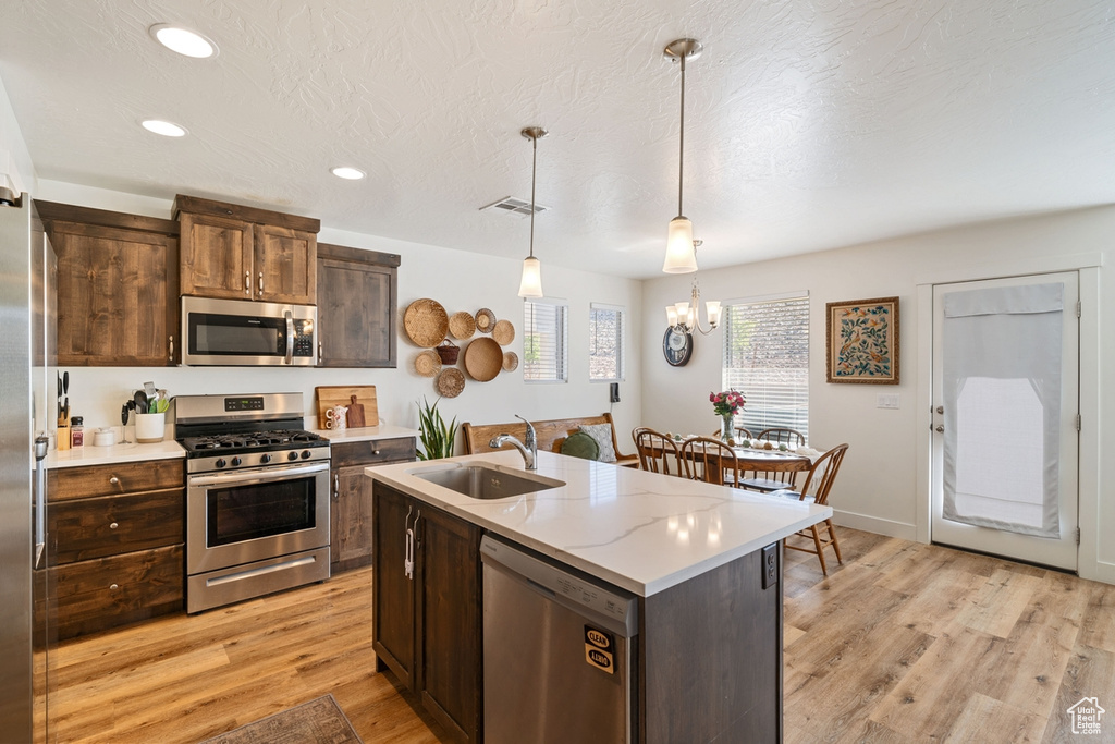 Kitchen featuring hanging light fixtures, a sink, light wood-type flooring, visible vents, and appliances with stainless steel finishes