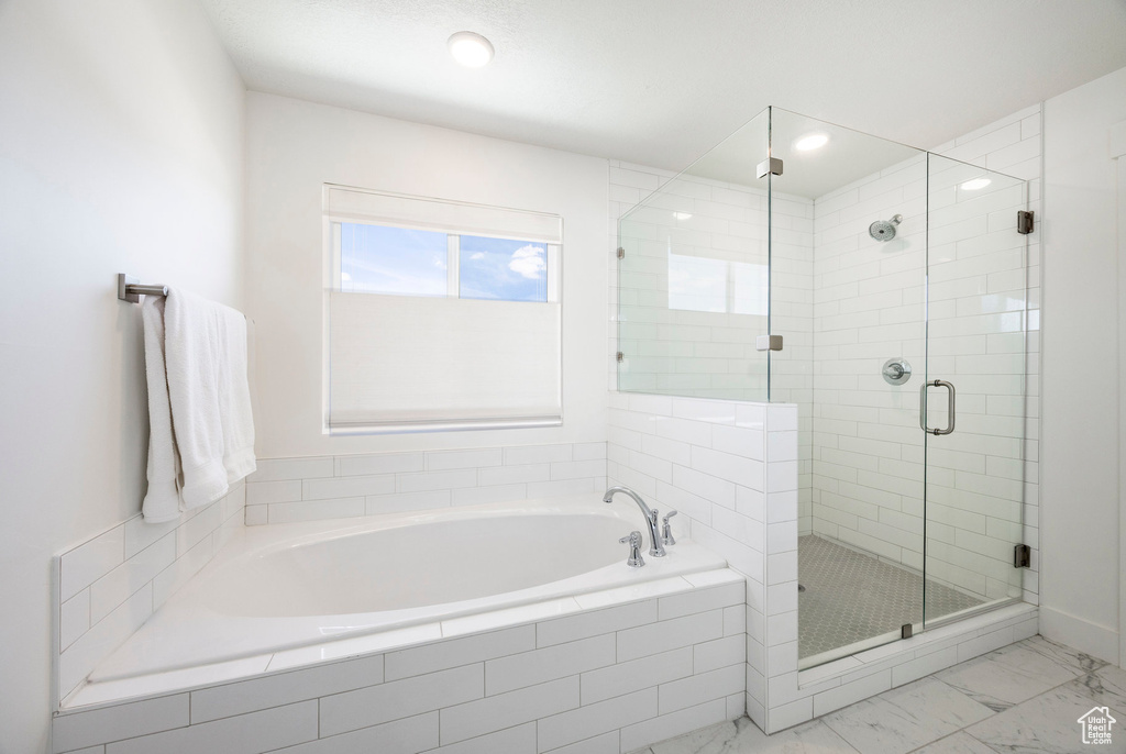 Full bathroom with a garden tub, a shower stall, marble finish flooring, and recessed lighting