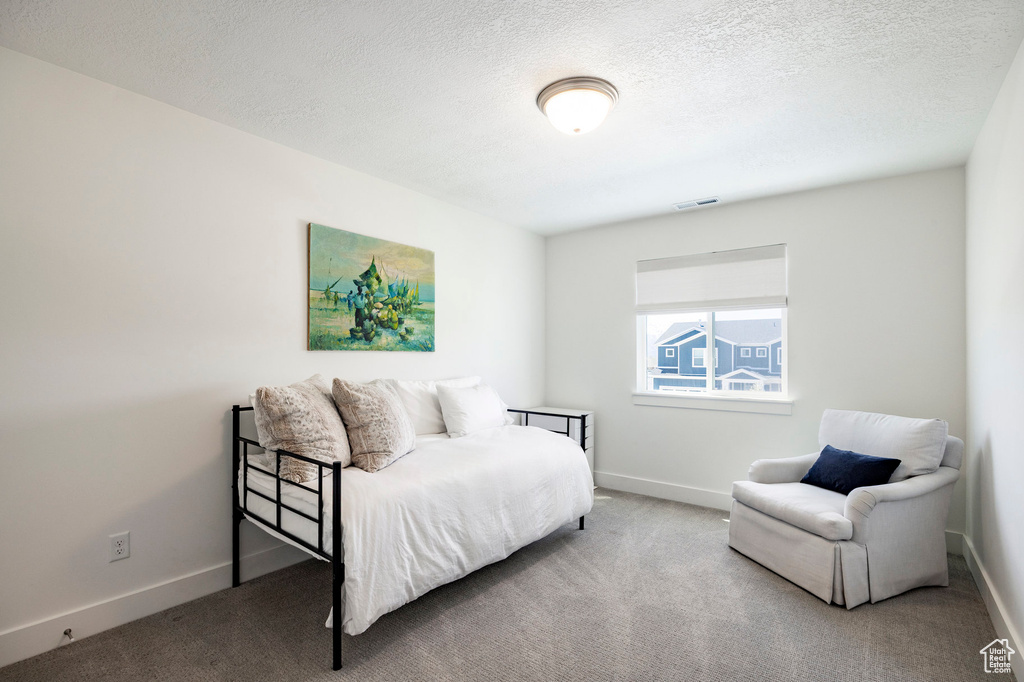 Bedroom with carpet floors, baseboards, and a textured ceiling