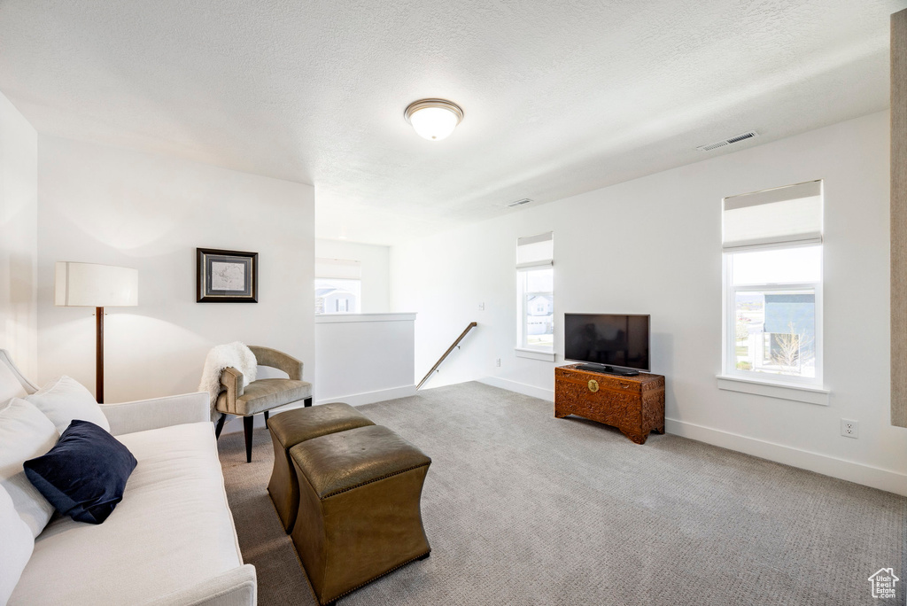 Carpeted living area featuring baseboards