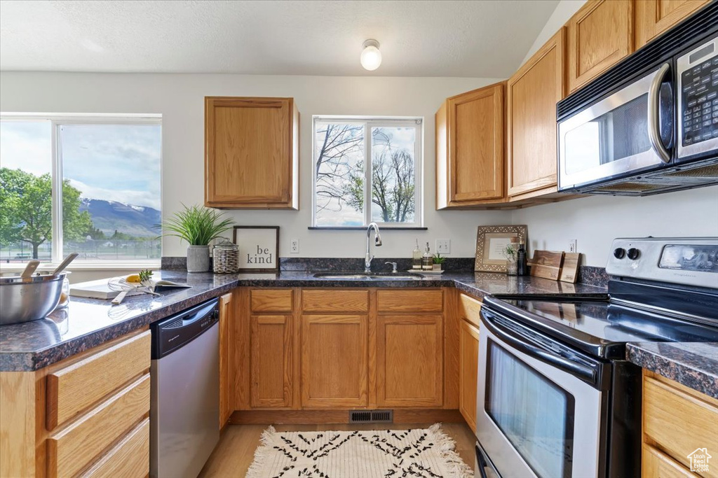 Kitchen with appliances with stainless steel finishes, a sink, light wood-style flooring, and dark countertops