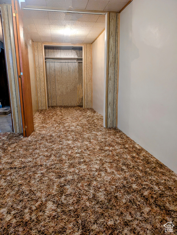 Finished below grade area featuring carpet floors and wood walls