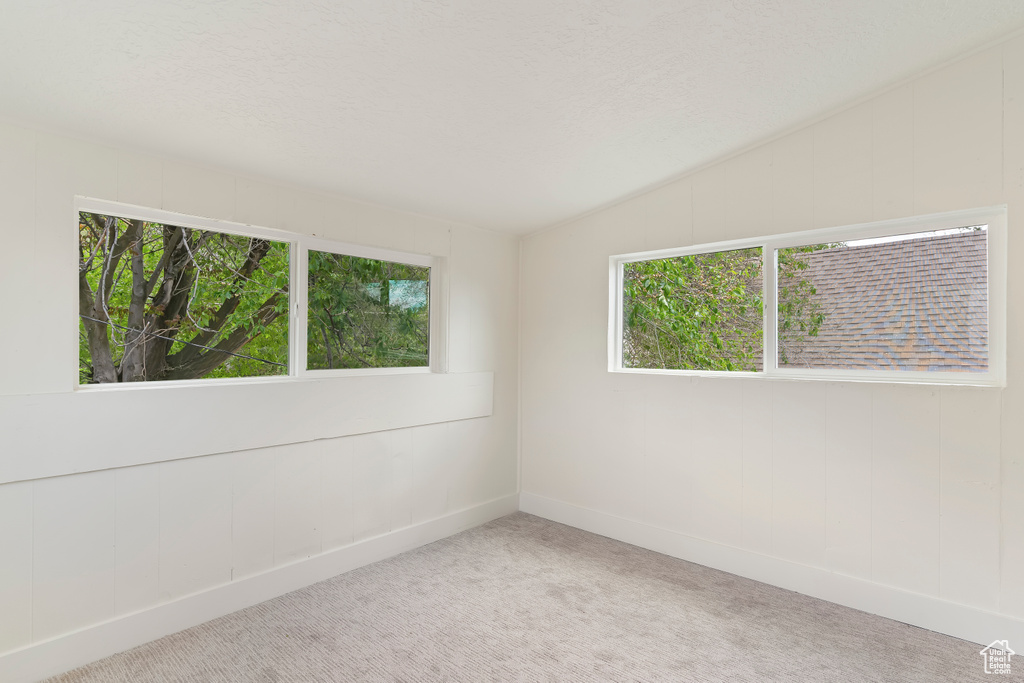 Carpeted empty room with baseboards and vaulted ceiling
