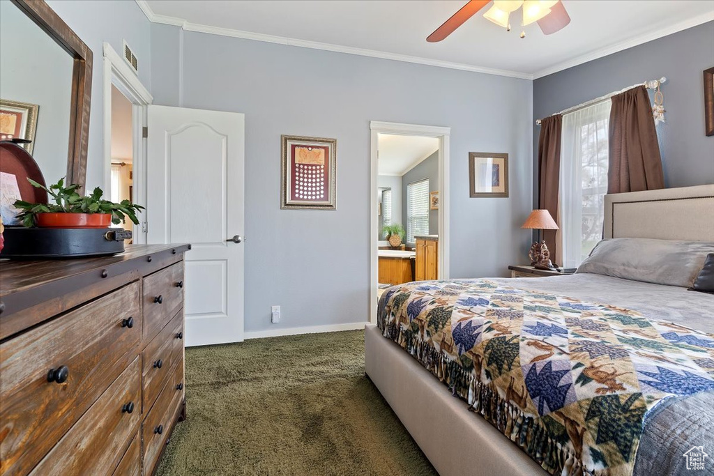 Bedroom with a ceiling fan, baseboards, ensuite bathroom, crown molding, and dark carpet