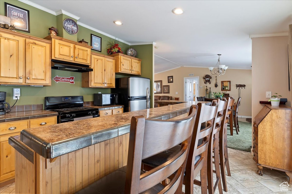 Kitchen with under cabinet range hood, ornamental molding, and black appliances