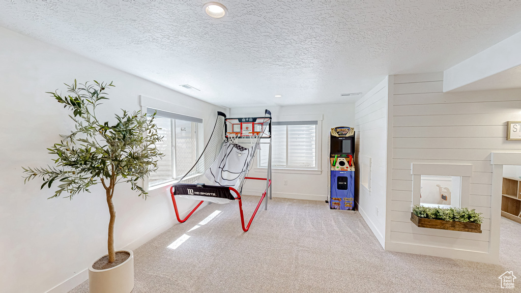 Rec room with carpet, a textured ceiling, and baseboards