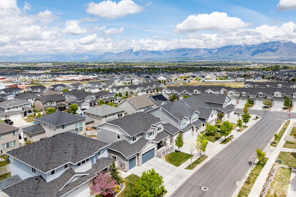 Aerial perspective of suburban area with mountains