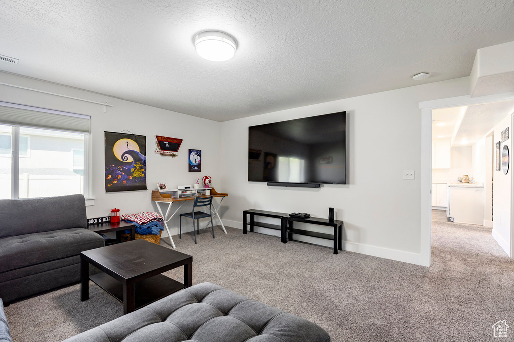 Carpeted living area with a textured ceiling and baseboards