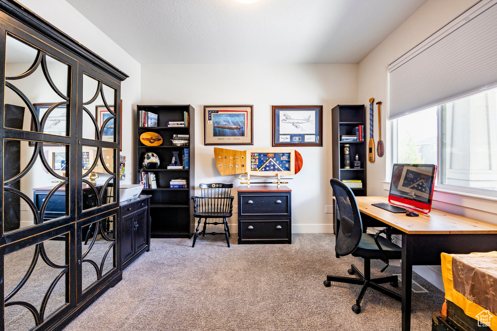 Carpeted home office with baseboards