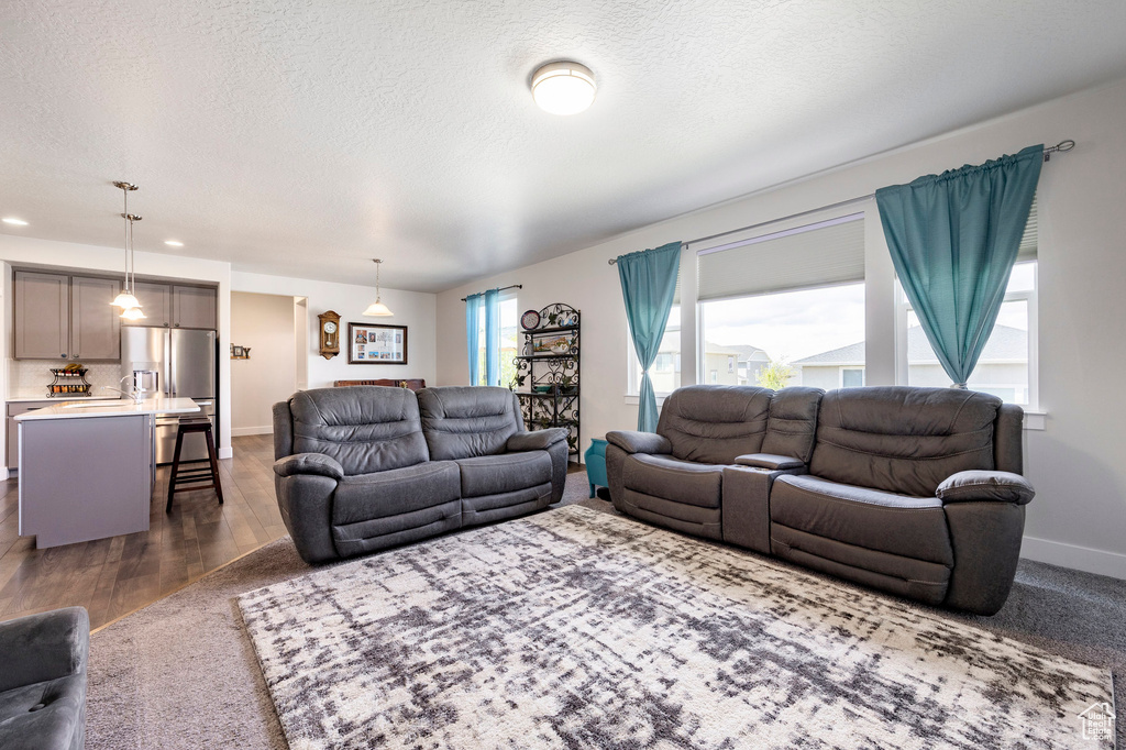 Living area featuring a textured ceiling, dark wood-style flooring, baseboards, and recessed lighting