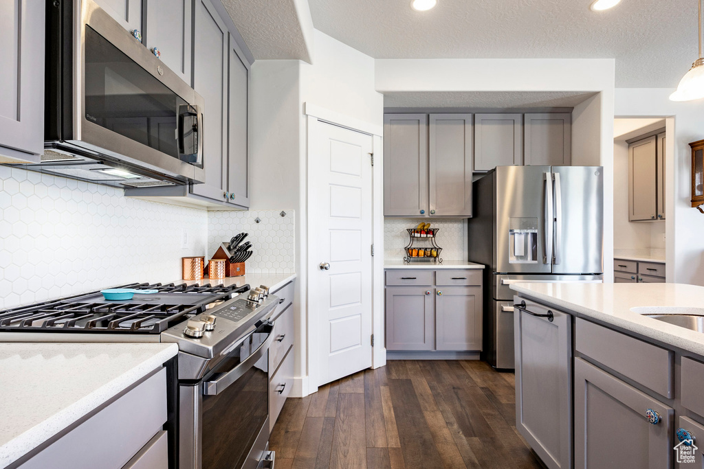 Kitchen featuring appliances with stainless steel finishes, gray cabinetry, dark wood-style floors, and recessed lighting