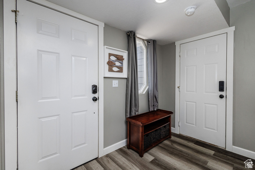 Foyer with baseboards and wood finished floors