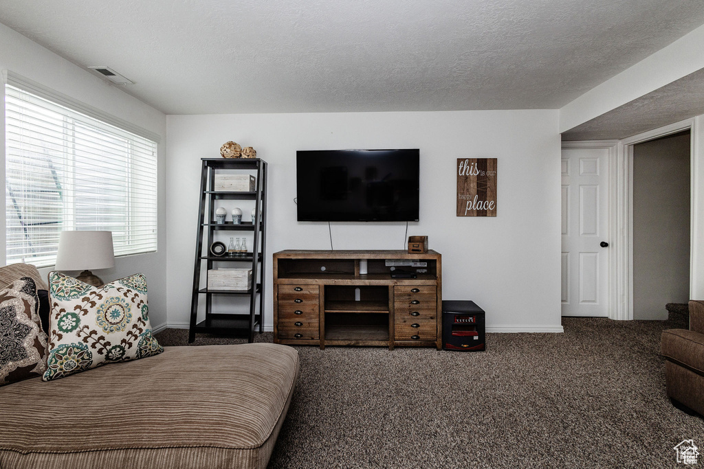 Carpeted bedroom featuring baseboards and a textured ceiling