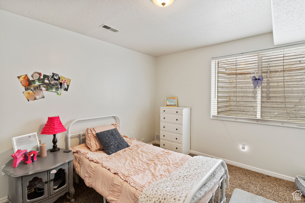 Bedroom featuring carpet flooring, baseboards, and a textured ceiling