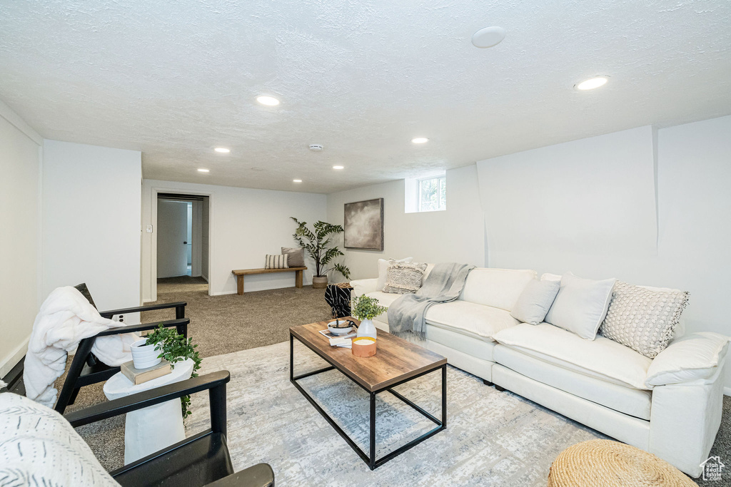 Carpeted living room with recessed lighting and a textured ceiling