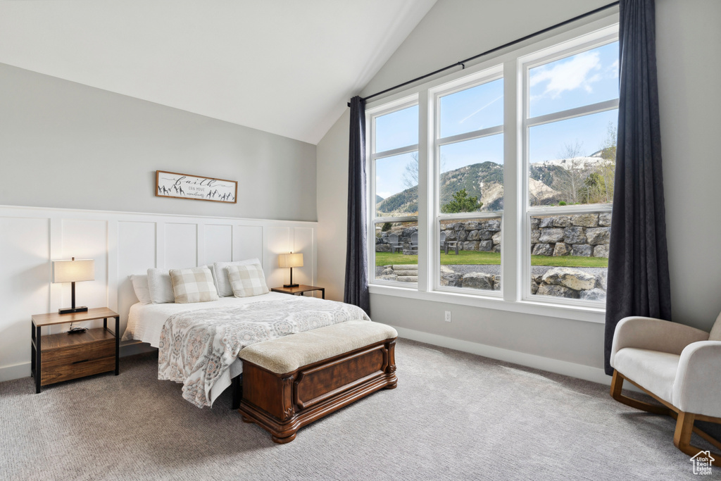 Carpeted bedroom with wainscoting, a decorative wall, and lofted ceiling