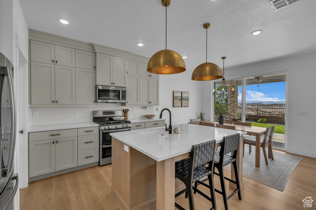 Kitchen featuring stainless steel appliances, a sink, backsplash, light wood-style floors, and recessed lighting
