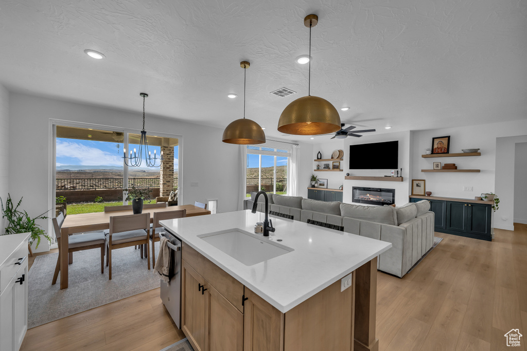 Kitchen with a sink, a glass covered fireplace, light wood-style floors, a textured ceiling, and stainless steel dishwasher