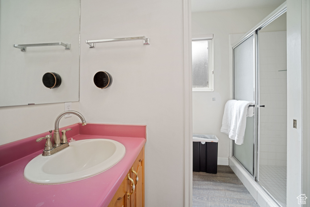 Full bath featuring vanity, wood finished floors, and a shower stall