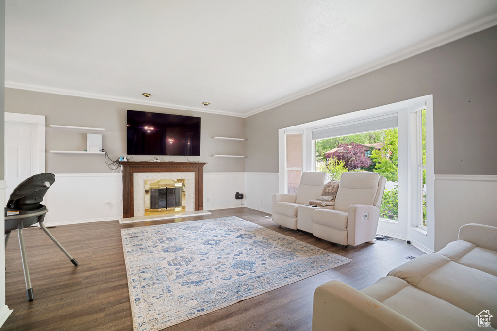 Living area with ornamental molding, a high end fireplace, dark wood-style floors, and built in shelves