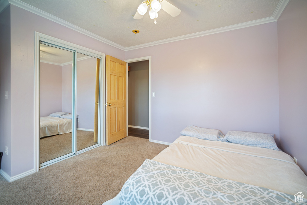 Bedroom featuring a ceiling fan, a closet, baseboards, crown molding, and light colored carpet