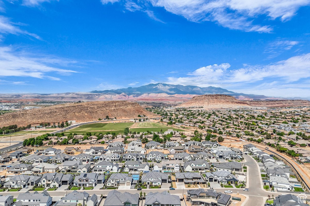 Aerial perspective of suburban area featuring mountains