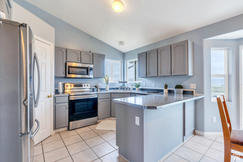 Kitchen featuring stainless steel appliances, gray cabinets, a peninsula, lofted ceiling, and plenty of natural light