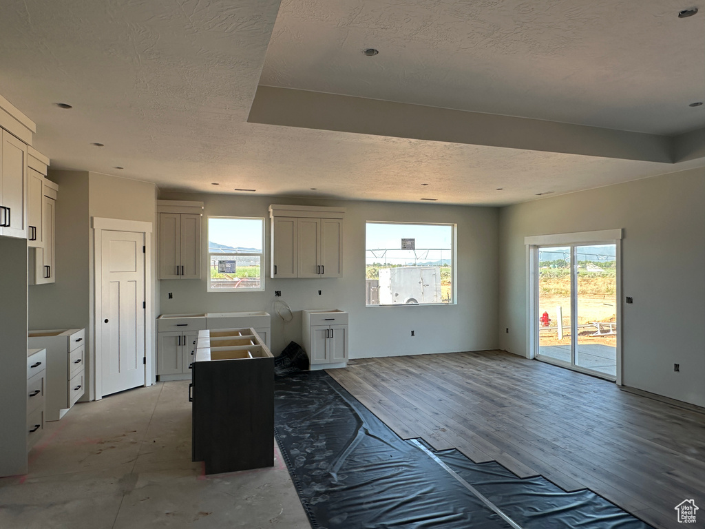 Kitchen featuring healthy amount of natural light, a textured ceiling, stainless steel fridge, and light wood-type flooring