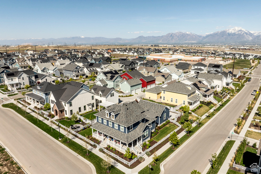 Aerial view of residential area with mountains
