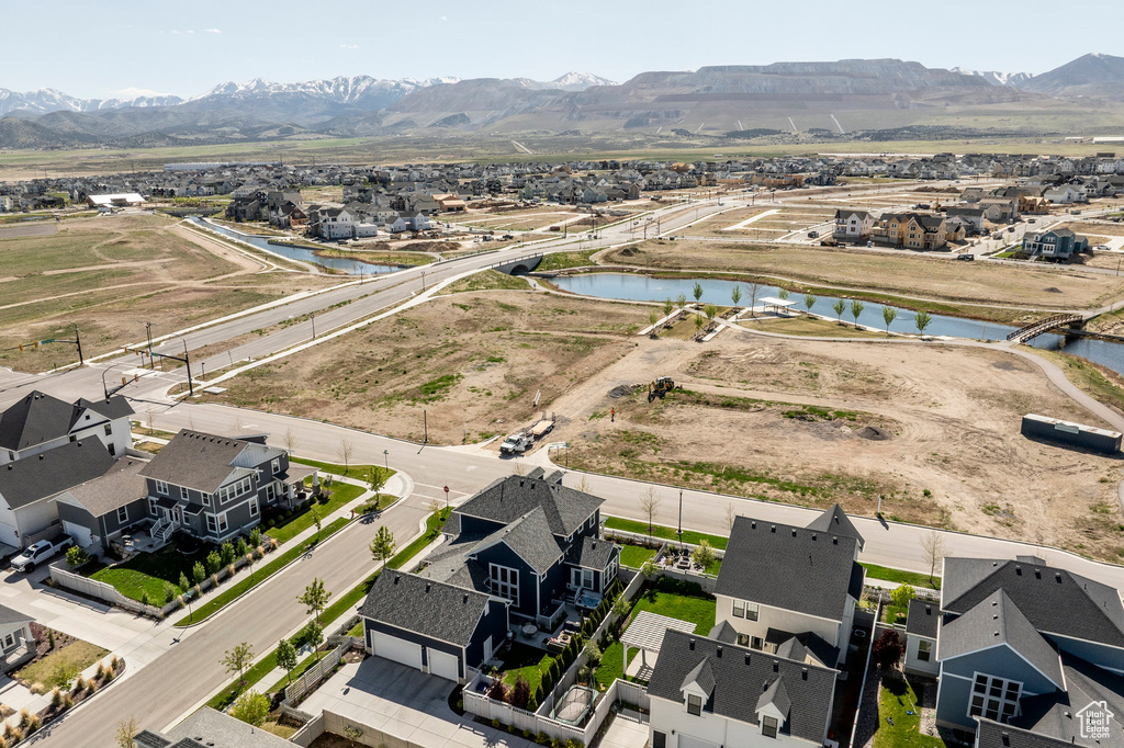 Aerial view of residential area with a water and mountain view